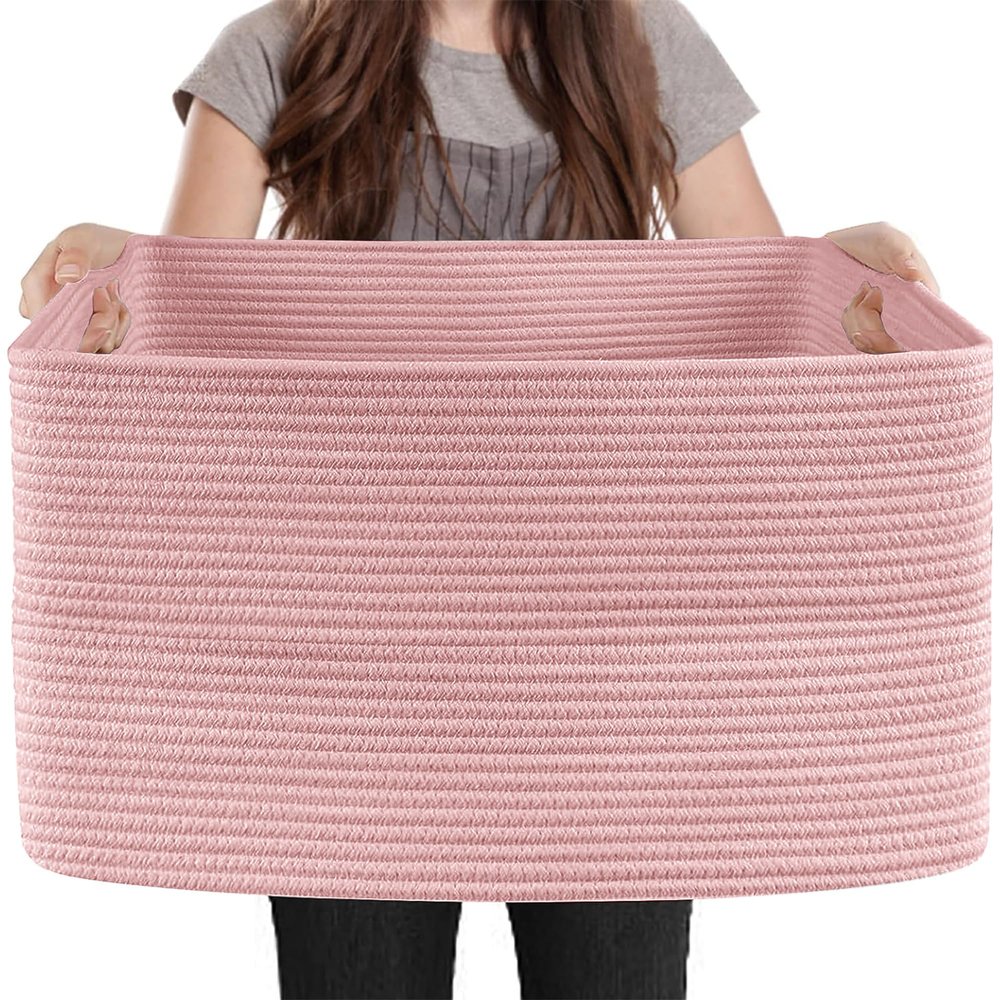 MEGASKET Extra Large Pink Storage Basket, 23.6" x 17" x 12" Rectangle Blanket Basket Living Room, Woven Cotton Rope Basket, Toy Basket Bins, Pink Baskets for Decor, Wicker Baby Laundry Basket
