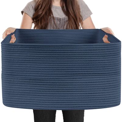 MEGASKET Extra Large Rectangle Storage Basket, 23.6" x 17" x 12" Dark Blue Blanket Storage for Living Room, Large Woven Cotton Rope Storage Box, Soft Kids Toy Basket Organizer Bin, Big Wicker Basket