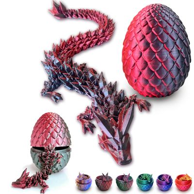 3D Printed Dragon Eggs with Dragon Inside, Articulated Crystal Dragons in Egg, Dragons Fidget Desk Toys for Gifts & Home Decor, 12 Inches (Red Black)