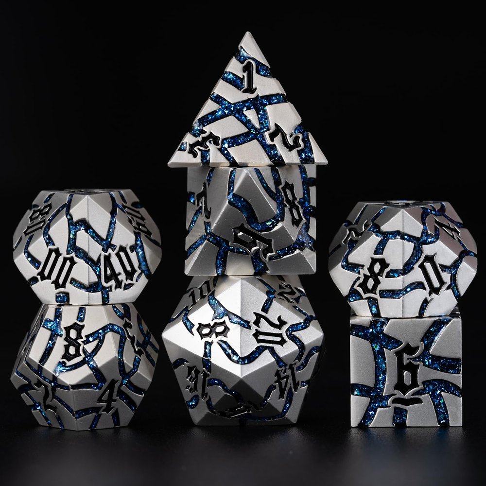 Dice Set D&D Dungeons and Dragons Dice D20 Metal DND Dice Set with Box, Polyhedral Role Playing Dice D12 D10 D% D8 D6 D4 for MTG RPG Board Games (Pearl Silver Blue) for 15 Years and Up