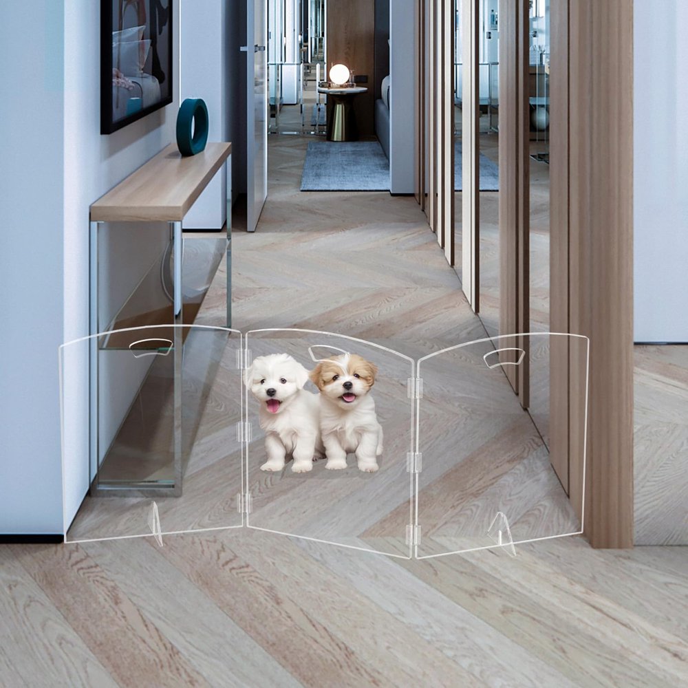 Clear Freestanding Dog Gate for Indoor Use,Pet Gates for Doorways no Drilling,Acrylic Foldable Dog Gate for Stairs with Support Feet (3Panel - 60''W x 23''H)