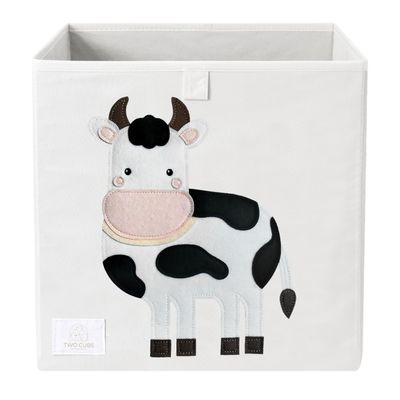 Two Cubs Foldable Kids Toy Storage Box - 13"x13" Cube Organizer Bin with Durable 2.6mm Plastic Plate Boards, Cow Design in White - Collapsible Nursery & Playroom Storage, Fits IKEA Kallax Shelves