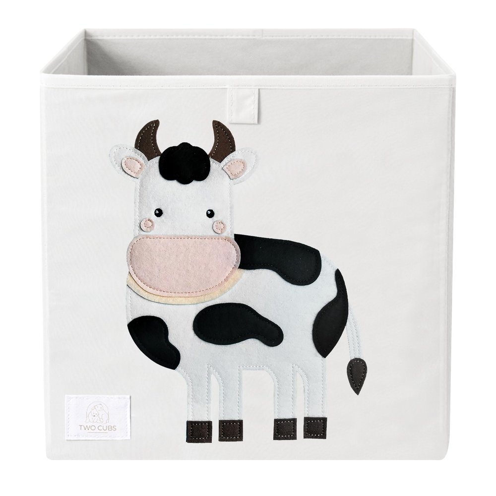 Two Cubs Foldable Kids Toy Storage Box - 13"x13" Cube Organizer Bin with Durable 2.6mm Plastic Plate Boards, Cow Design in White - Collapsible Nursery & Playroom Storage, Fits IKEA Kallax Shelves