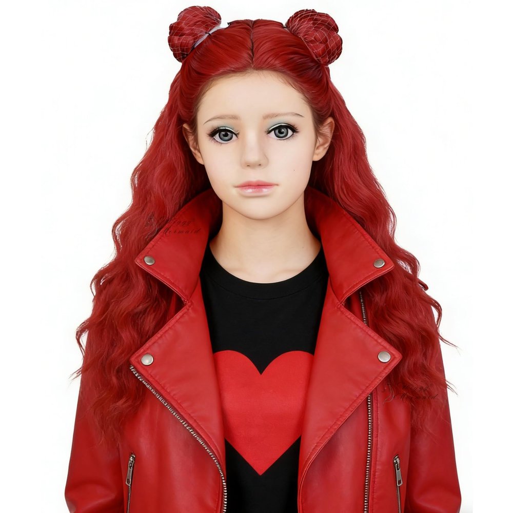 Wiggy Mermaid Princess Red Wig 20'' Long Red Curly Wig Pre-styled Bun