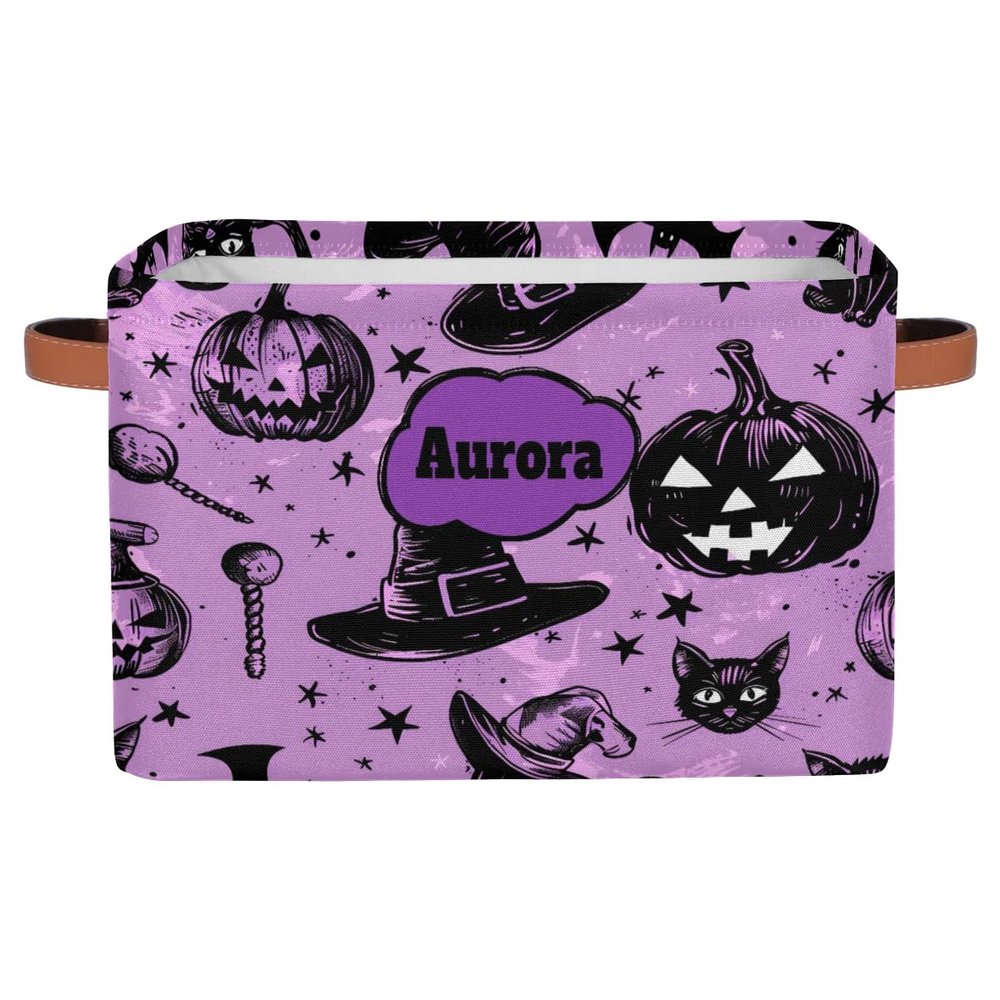 KFNHN Personalized Name Storage Basket Handles for Girls, Canvas Storage Bins Toys Clothes Organizer for Bedroom, Kitchen, Bathroom, Nursery, Shelves, Closets, Hand Drawn Pumpkin Cat Witch Hat Purple