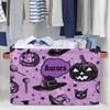 KFNHN Personalized Name Storage Basket Handles for Girls, Canvas Storage Bins Toys Clothes Organizer for Bedroom, Kitchen, Bathroom, Nursery, Shelves, Closets, Hand Drawn Pumpkin Cat Witch Hat Purple view 4
