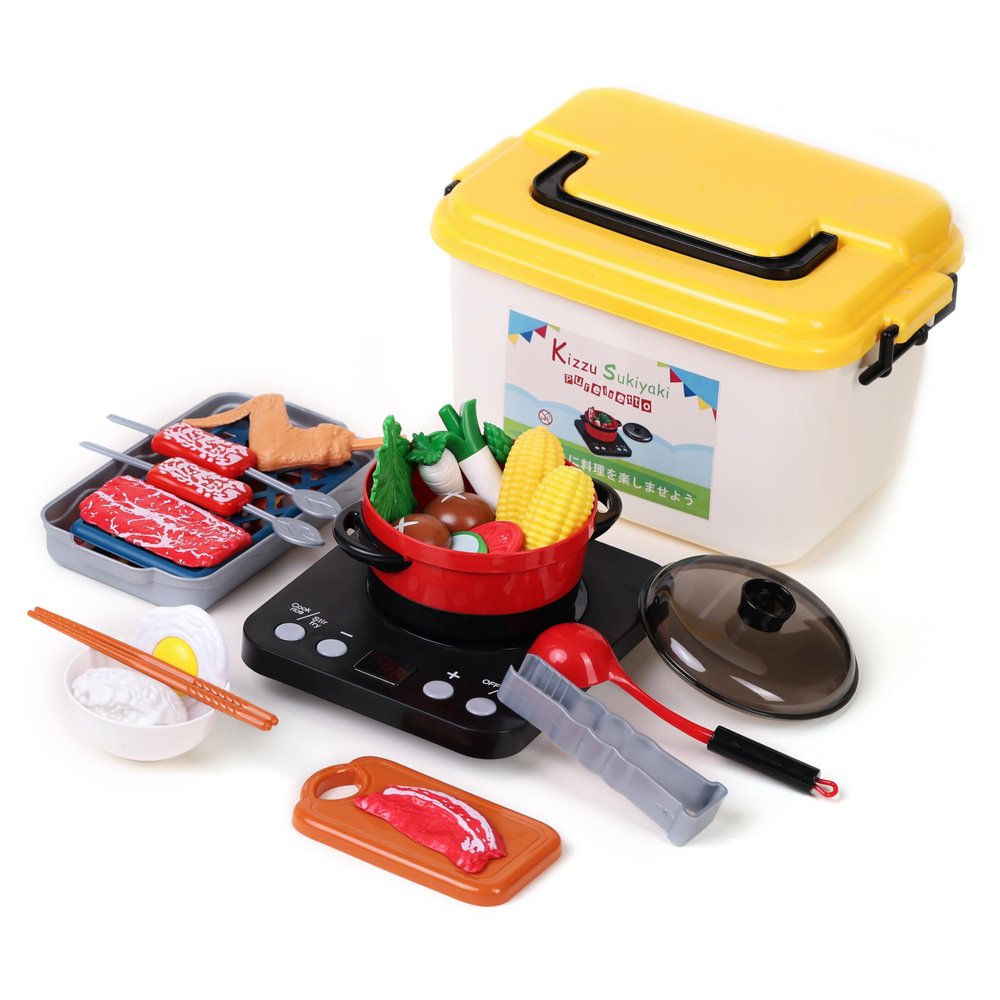 Pretend Play Kitchen Toy Including Janpanese Style Sukiyaki Hot Pot with Electronic Function, Grill Rack, Cooking Utensils, Cut Play Food and Toy Cutlery, Cooking Learning Gift for Girls and Boys