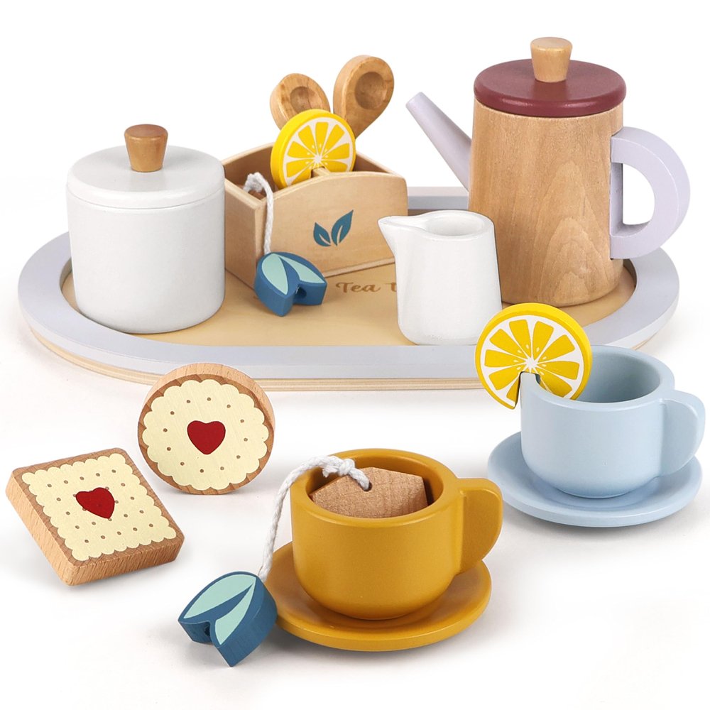 KizKnows Wooden Tea Set for Toddlers, 19-Piece Dual-Flavour Pretend Play Tea Party Tray with Wood Cups, Lemon & Mint Tea Bags, Cookies, Montessori Kitchen Gift for Girls & Boys Age 3+