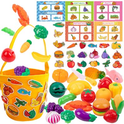 Adena Montessori Fruits and Vegetables Toys for Kids Ages 3+, Velcro Fruit and Veggies for Toddlers, Educational 2D & 3D Plastic Play Food Set with DIY Storage Bag Home or Classroom Learning