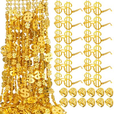 Ecally 36 Pcs 36 Pcs Money Costume Set Dollar Sign Necklaces Glasses Ring Fake Dollar Chain Money Eyeglasses Ring Hip Hop Jewelry (Gold)