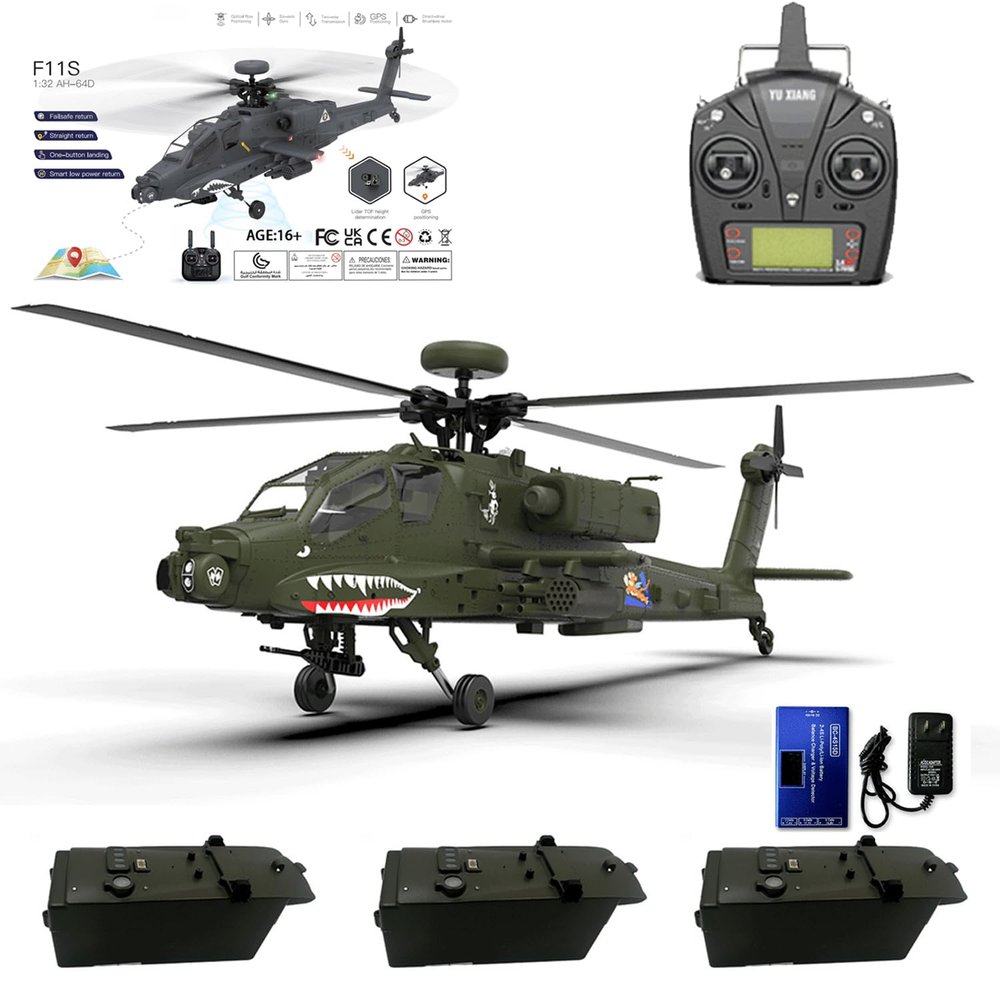 ROUASD YUXIANG F11 AH64 RC Helicopter for Adults, for AH64 Apache 1/32 Scale 2.4G 6CH 6G/3D Stunt Remote Control Military Aircraft Toys with 6-Axis Gyro & 2 Brushless Motor & Lights - RTF