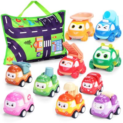 Lemofix Toy Cars for 1 Year Old: 10 Pack Cute Vehicle with Playmat for 1 2 Year Old Boy Birthday Gift - Baby Toys 12-18 Months