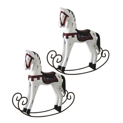 WOONEKY 2pcs Wooden Rocking Horse Ornament Handmade Vintage Desktop Adornment for Home Decor Chic Waddle Horse Figurine White