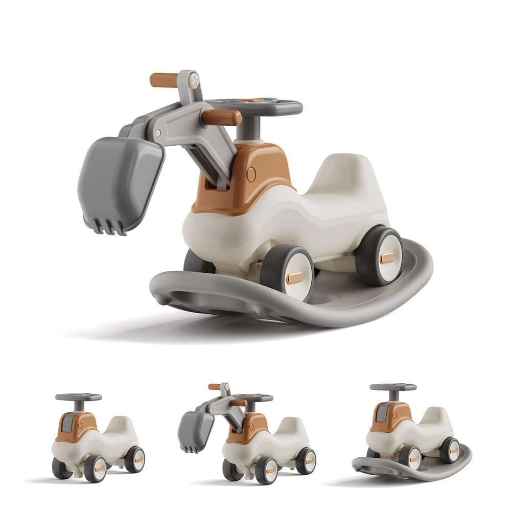 UNICOO 4-in-1 Excavator Rocker n Ride, Ride-On Baby Balance Bike with Detachable Balance Board, Toddler Rocking Chair, Movable Arm, Ride On Toys for Toddlers 3-5, Indoor Outdoor (Gray & White)
