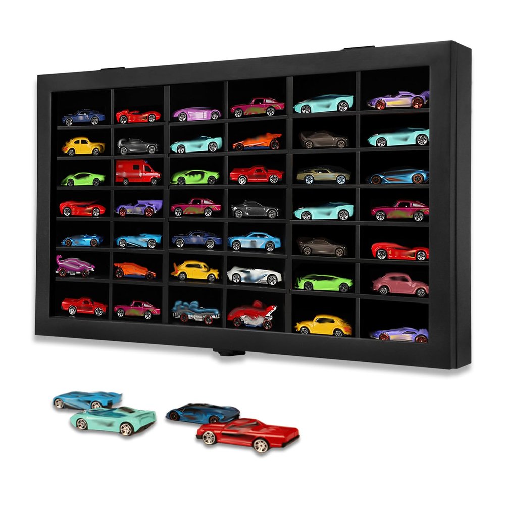 1/64 Diecast Toy Car Display Case Model Car Organizer Storage Cabinet Wall Mount with Acrylic Glass Door & Removable Black Shelf - Holds Up to 42 Cars, Black
