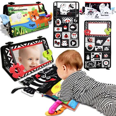 Autumety Tummy Time Mirror Newborn Toys: Black and White Infant Tummy Time Toys 0-3 0-6 6-12 Months Babies High Contrast Baby Toy with Book & Teethers Montessori Sensory Toy for Boy Girl Baby