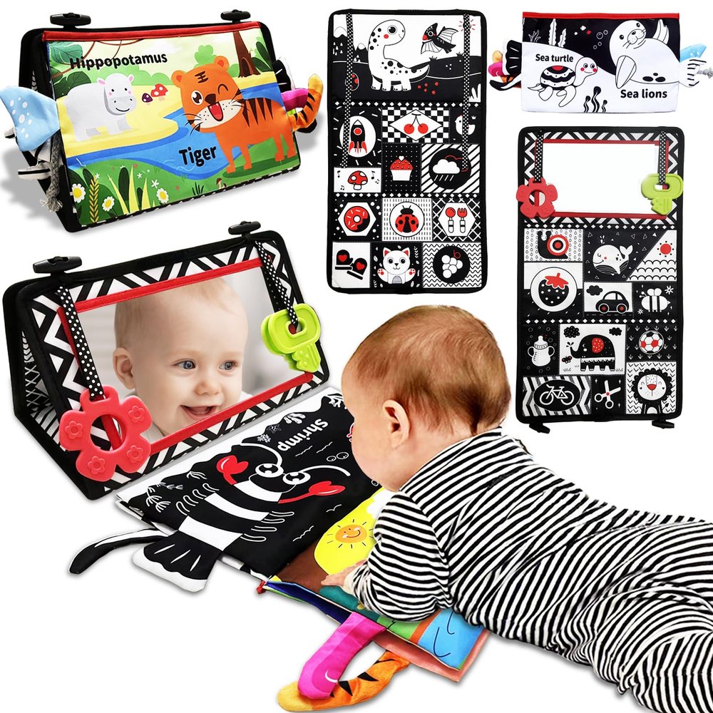 Autumety Tummy Time Mirror Newborn Toys: Black and White Infant Tummy Time Toys 0-3 0-6 6-12 Months Babies High Contrast Baby Toy with Book & Teethers Montessori Sensory Toy for Boy Girl Baby
