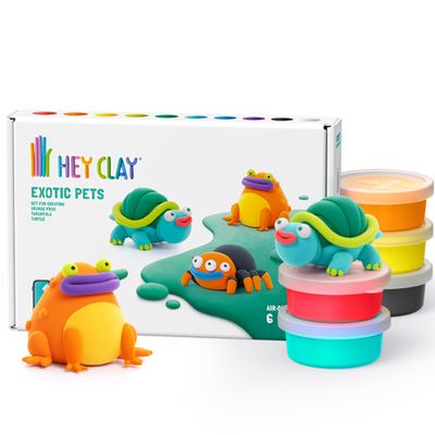 HEY CLAY Colorful Modeling Air Dry Clay for Kids 6 cans with Fun Interactive Instructions App - Kids Activities Age 3+ (Exotic Pets: Tarantula, Turtle, Orange Frog)