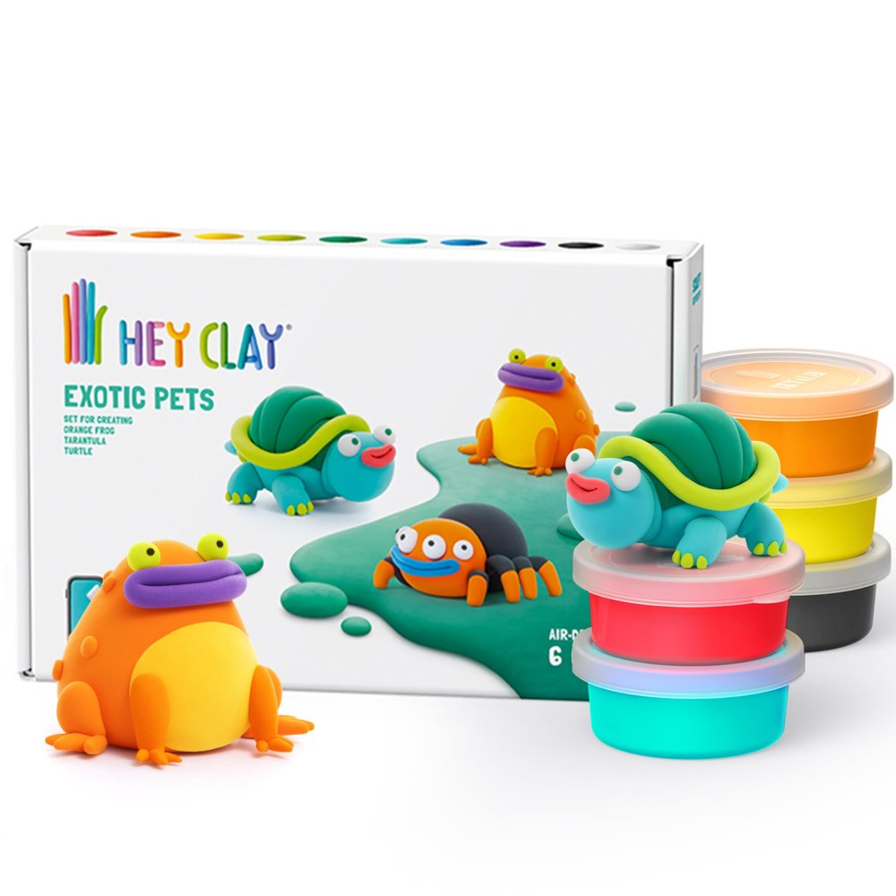 HEY CLAY Colorful Modeling Air Dry Clay for Kids 6 cans with Fun Interactive Instructions App - Kids Activities Age 3+ (Exotic Pets: Tarantula, Turtle, Orange Frog)