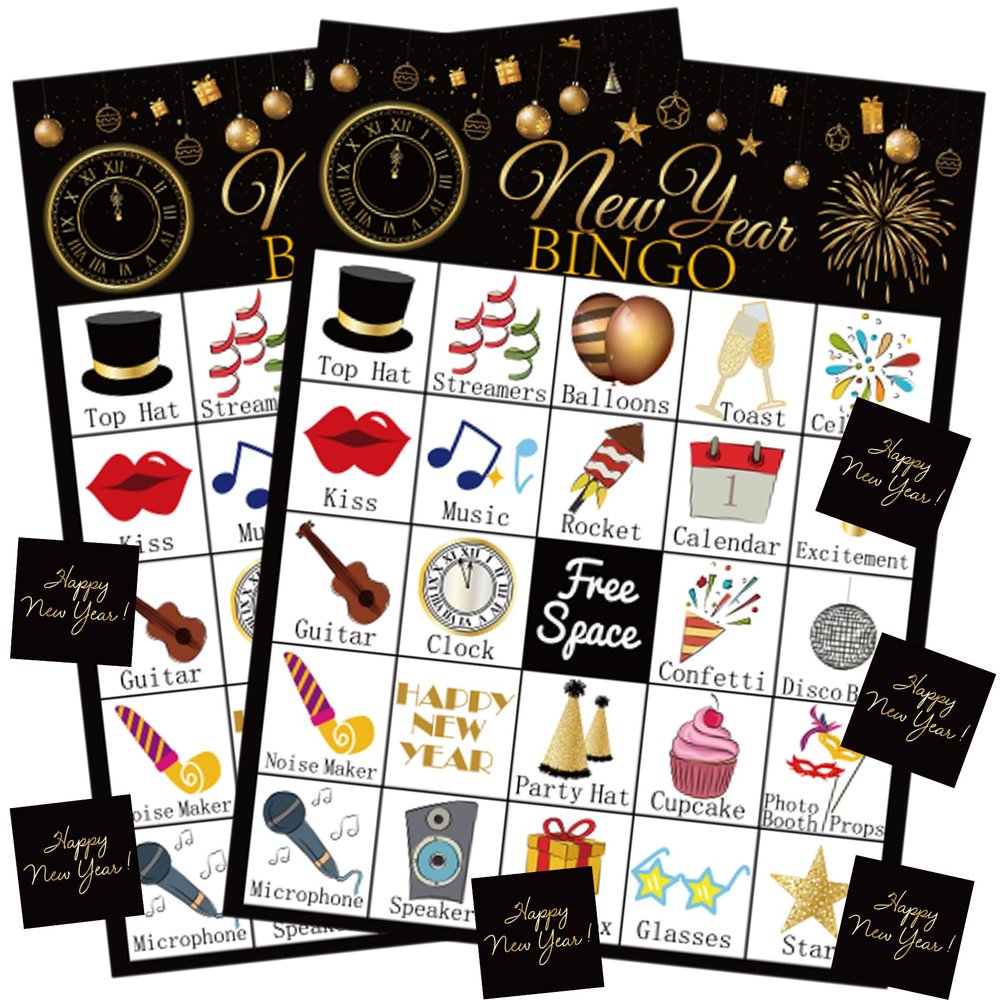 ViLeo New Year Games 2026 NYE Bingo for Kids Families with 24 Players Cards Happy New Year Party Supplies Favors Activities