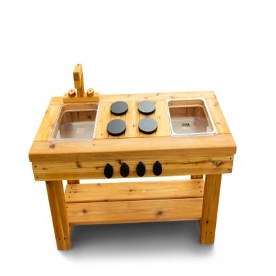 Noble Toys XL Cedar Outdoor Mud Kitchen Centered with Stovetop for Toddlers and Kids | Pretend Play Toddler Table | Sensory Table | Outside Playset | Real Wooden Kitchens | Preschool Equipment