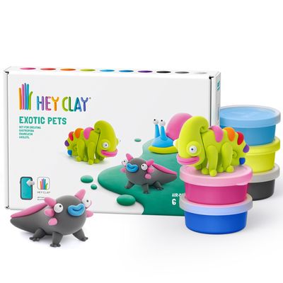 HEY CLAY Colorful Modeling Air Dry Clay for Kids 6 cans with Fun Interactive Instructions App - Kids Activities Age 3+ (Exotic Pets: Chameleon, Gastropoda, Axolotl)