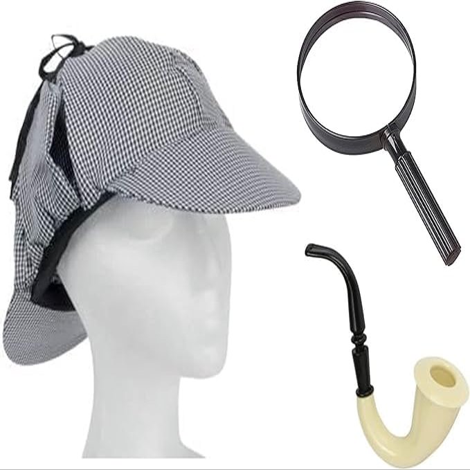 Nikki's Knick Knacks Detective Costume Accessory Prop Set - Inspector Detective Spy Old Man Grandpa - Houndstooth Hat, Magnify Glass, and Pipe