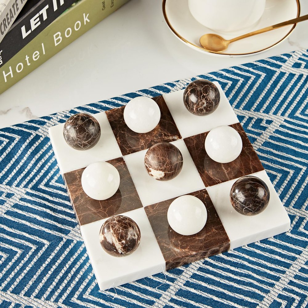 White and Brown Marble Tic Tac Toe Game Board, Natural Stone Checkerboard, 7x7 Inch Premium Handcrafted Marble Game Board, Luxury Home Decor, Tabletop Decor for Living Room, Office