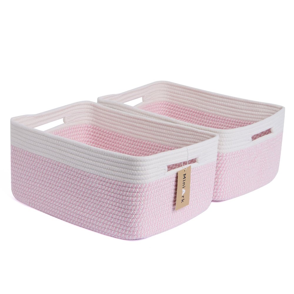 MiniArk Large Storage Baskets for Shelves, Closet Organizers Bins for Clothes Blanket Towels, Baby Nursery, Toy Baskets Box, Woven Rope Baskets, 17 x 13 x 7.5, 2 Packs Woven Pink