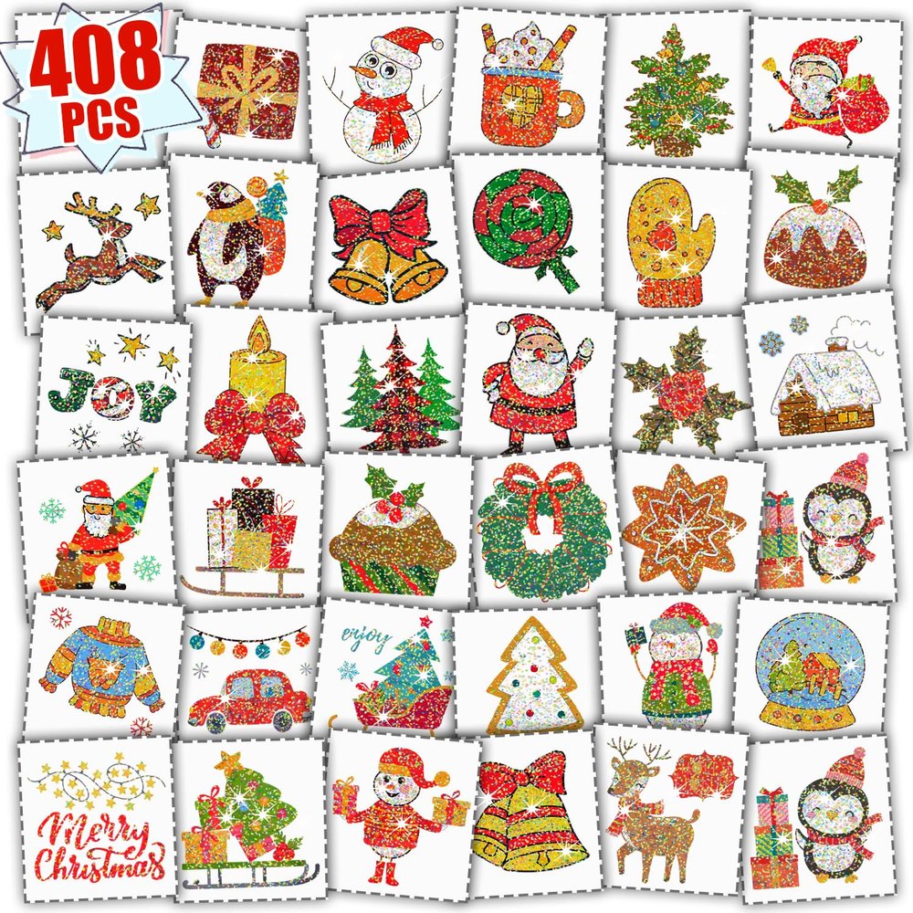 Partywind Glitter Kids Tattoos for Christmas Stocking Stuffers, 408 Styles Merry Christmas Party Decorations, Xmas Holiday Party Supplies, Santa Snowman Snowflakes Goodie Bag Fillers