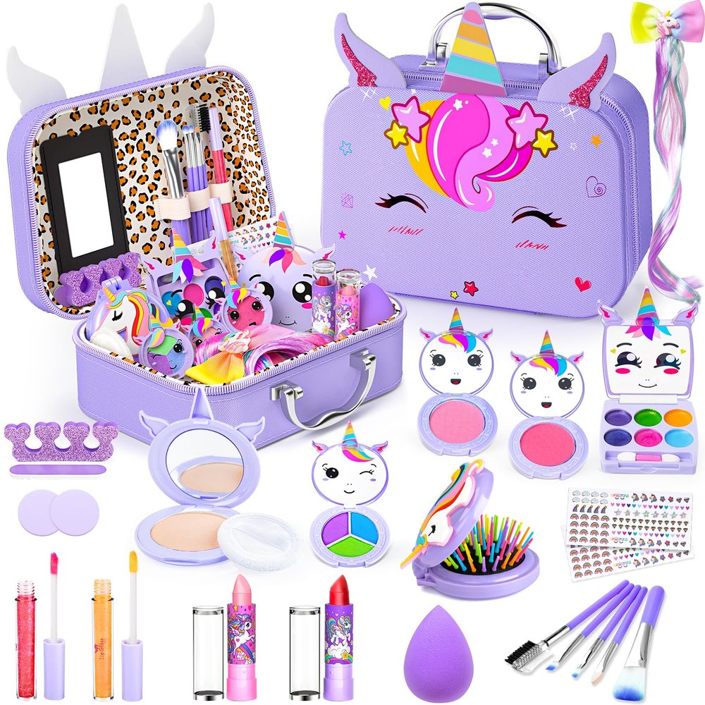 Mqsiuve Kids Makeup Kit for Girl - Non-Toxic Kids Washable Makeup Girls Toys, Girls Makeup Kit Princess Toys Real Play Makeup Set Birthday Girls Gift for Ages 3 5 6 7 8 9 10-12 Year Old, Purple