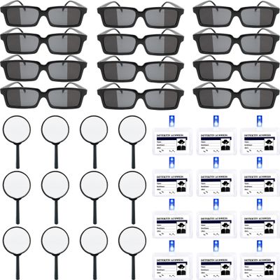 36 Pcs Kids Spy Kit Detective Toy Set Including 12 See Behind You Sunglasses 12 Secret Agent Name Tags 12 Black detective Mmagnifying Glass for Spy FBI Cosplay Escape Room Detective Party Supplies