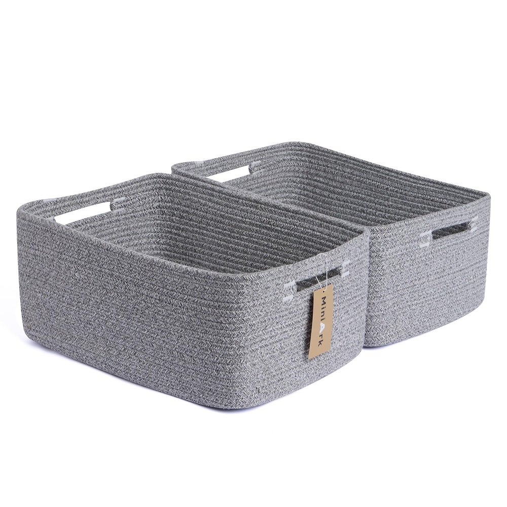 MiniArk Large Storage Baskets for Shelves, Closet Organizers Bins for Clothes Blanket Towels, Baby Nursery, Toy Baskets Box, Woven Rope Baskets, 17 x 13 x 7.5, 2 Packs Mixed Grey