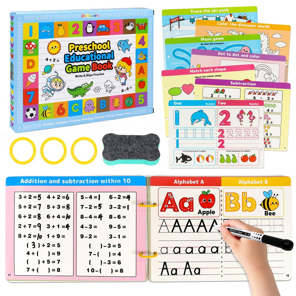 Dr.Rapeti Preschool Learning Activities Educational Workbook Busy Book 58 Pages 8 Dry Erase Markers Prek Montessori Handwriting Practice Activity Tracing Toy Early Learning Toy for 3 years+