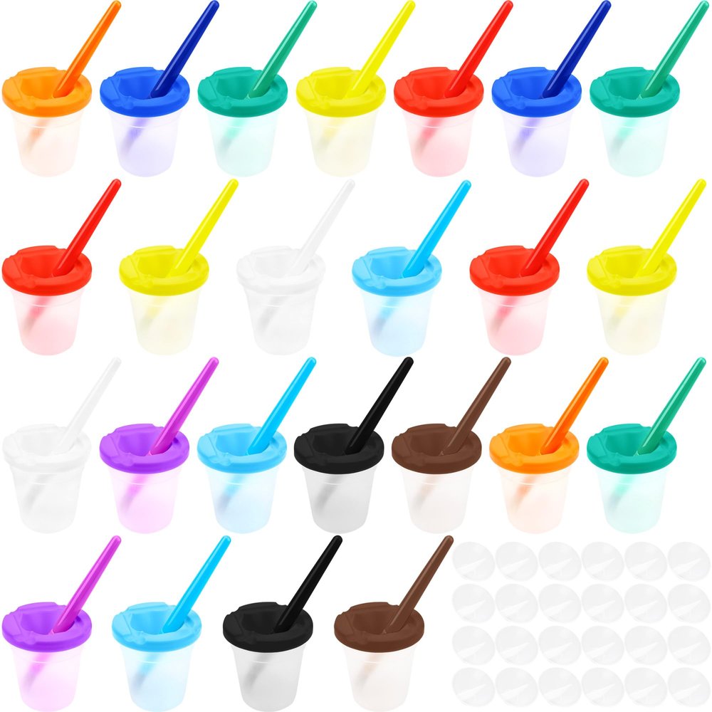 48 Pcs Kids Paint Cups 24 No Spill Paint Cups with Lids Paint Containers with 24 Toddler Paint Brushes for Girls Boys Art Preschool Classroom Furniture Supplies