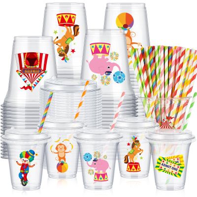 Boao 36 Sets Circus Carnival Cups with Lids and Paper Straws 14 oz Circus Carnival Birthday Party Supplies Favors Disposable Clear Plastic Cups Bulk