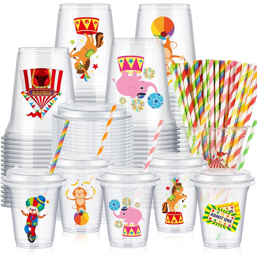 Boao 36 Sets Circus Carnival Cups with Lids and Paper Straws 14 oz Circus Carnival Birthday Party Supplies Favors Disposable Clear Plastic Cups Bulk