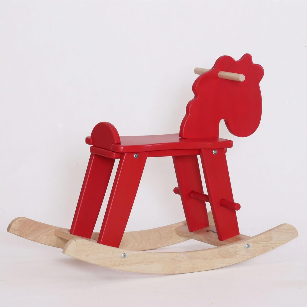 PHUDONGTOYS Red Wooden Rocking Horse for Preschool (Ages 3-6) - Solid Rubber Wood, Safe & Comfortable Footrest, Supports Physical & Cognitive Growth, Christmas Housewarming Gift for Kids
