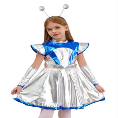 Hedmy Girl Alien Costume Shiny Metallic Dress Outfit Outer Space Man Costume Halloween Cosplay Dress Up Outfit Silver 10 Years