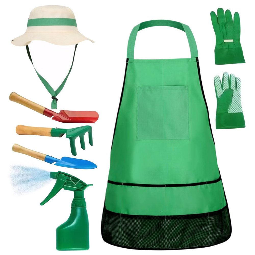 7Pcs/Set Toddler Gardening Set Kids Gardening Set Educational Toddler Gardening Set Includes Apron, Sprayer, Gloves, Hat, Rake, Shovels Kids Gardening Tool Set For Gardening Cosplay present for Kids