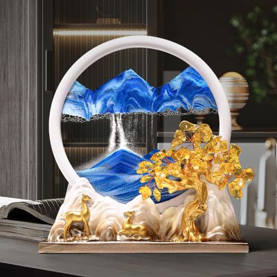 360 Rotate Moving Sand Art,3D Sand Art Liquid Motion, Chinese Style Sand Art Pictures, Glass Crafts Resin Base, Relaxing Mood Home Office Work Art Decor, Housewarming Gift(Blue)