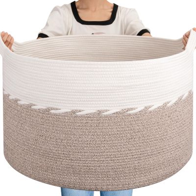 OIAHOMY 125L Extra Large Blanket Basket, 25" x 16", Jumbo Laundry Hamper, Cotton Rope Basket with Handles for Living Room,Baby Toy Storage Bins, Brown