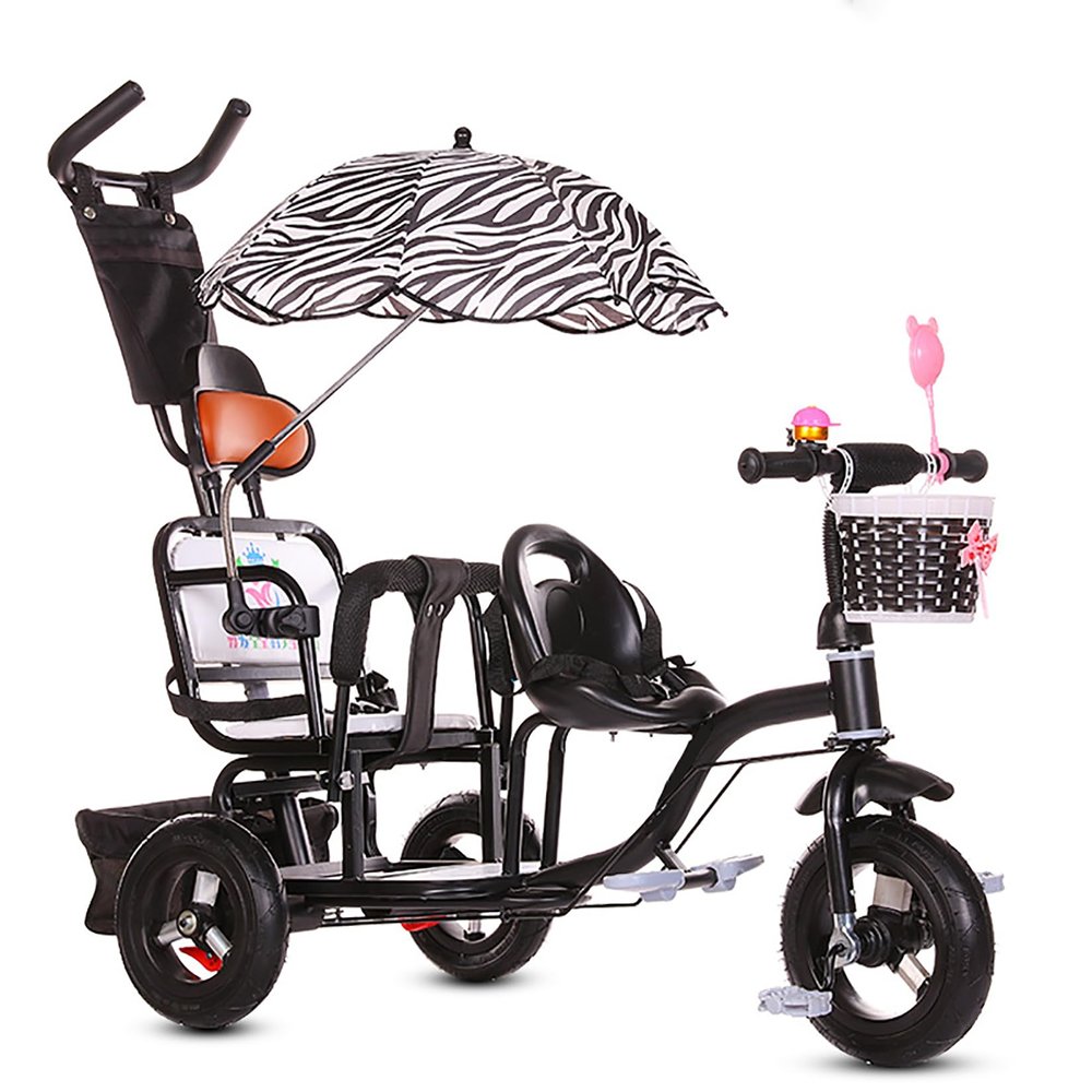 JIYIAN Black,Style 3, Double Seat Baby Stroller Tricycle,Three Wheels Cycle Rear Seat with Backrest and Handle Adjustable Push Bike Trikes for Kids Dual Steering System