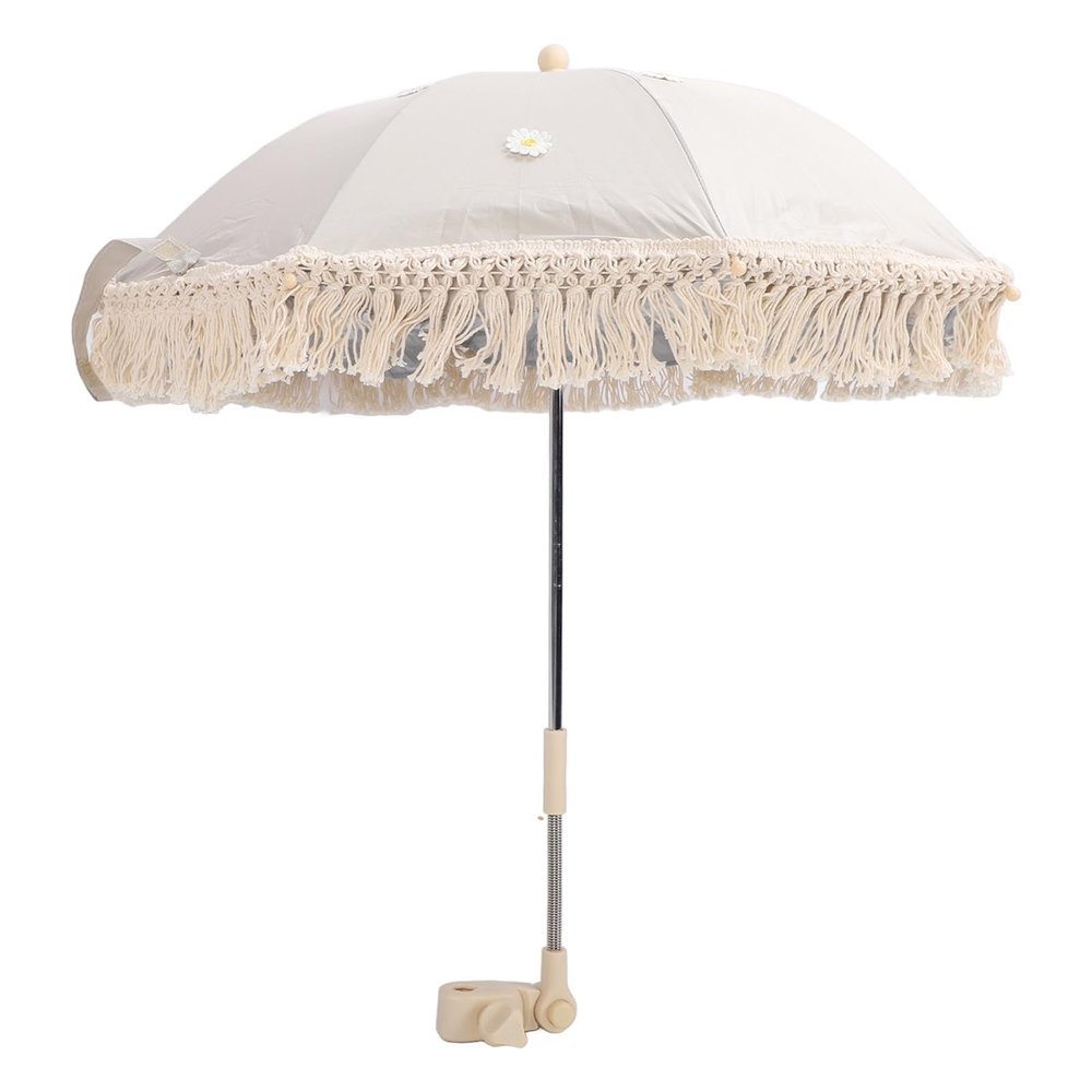 Baby Umbrella Stroller Parasol, Adjustable Sun Shade Fringe Beach Umbrella for Toddlers with Clamp, Stroller, Beach Chair, Wheelchair, Travel (Beige with Small
