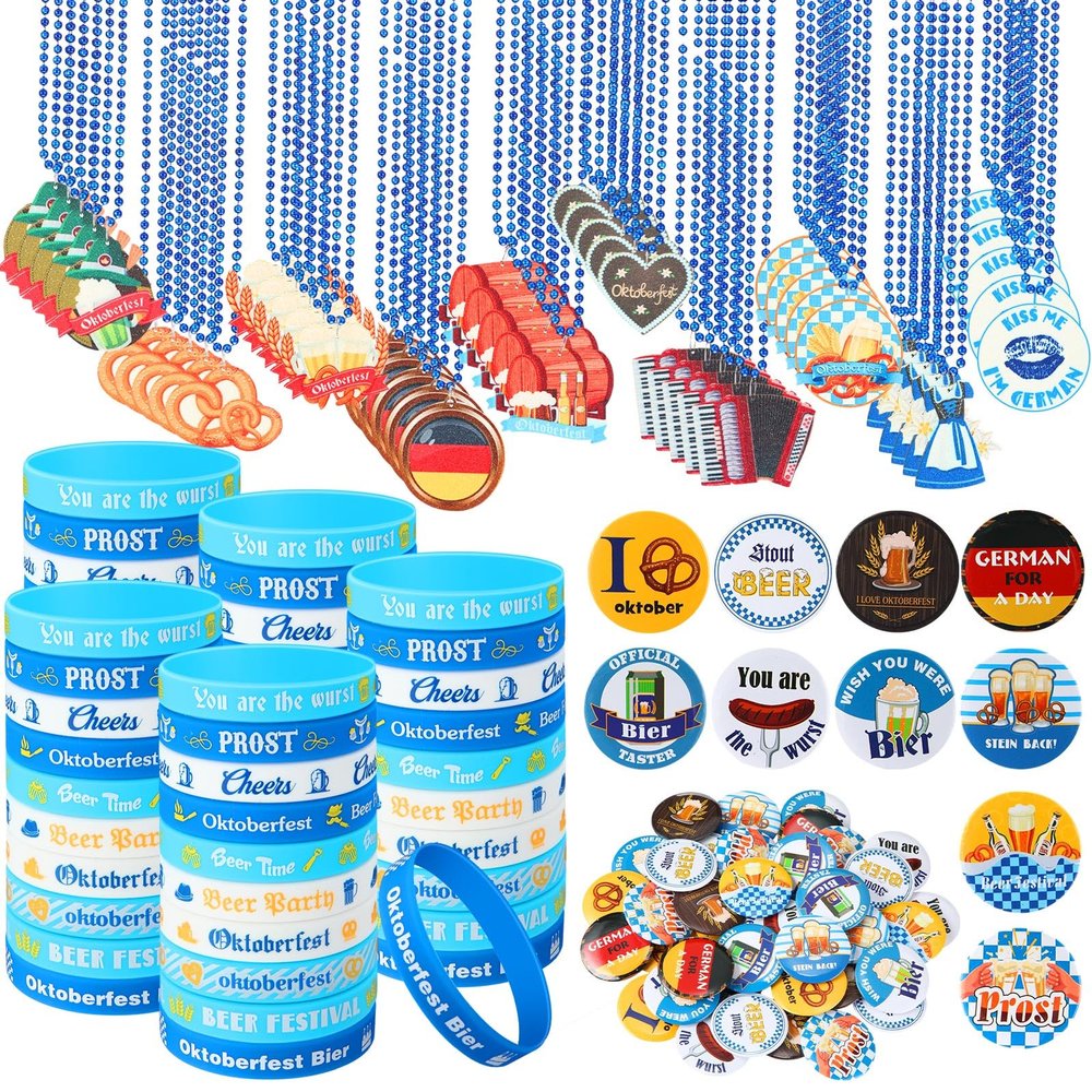 Highergo 150 Pcs Oktoberfest Party Favors Set 50 Oktoberfest Button Pins Bavarian Badges 50 Bead Necklaces 50 Party Favors Silicone Bracelets for Beer Festival Supplies