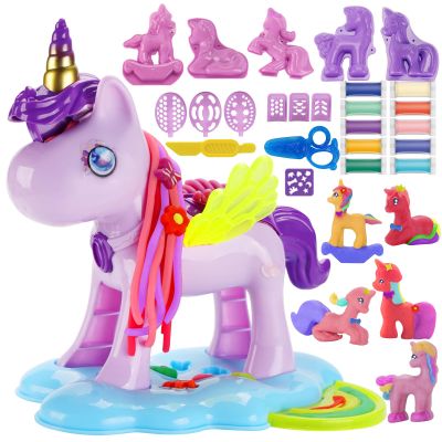 Crelloci Unicorn Color Dough Sets for Kids Ages 4-5, 30 PCS Play Color Dough Tools Kit for Toddlers Ages 3+, Unicorn Hair Salon Creation Dough Toys for Girls Birthday Gifts