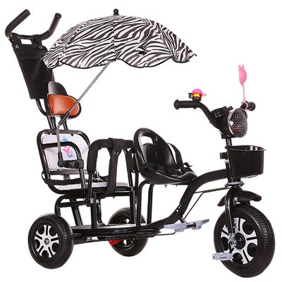JIYIAN Black,Style 1, Double Seat Baby Stroller Tricycle,Three Wheels Cycle Rear Seat with Backrest and Handle Adjustable Push Bike Trikes for Kids Dual Steering System