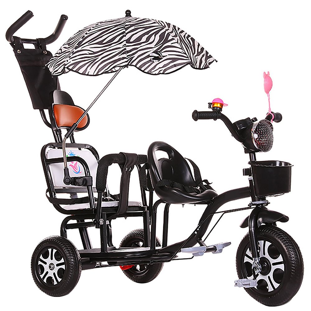JIYIAN Black,Style 1, Double Seat Baby Stroller Tricycle,Three Wheels Cycle Rear Seat with Backrest and Handle Adjustable Push Bike Trikes for Kids Dual Steering System