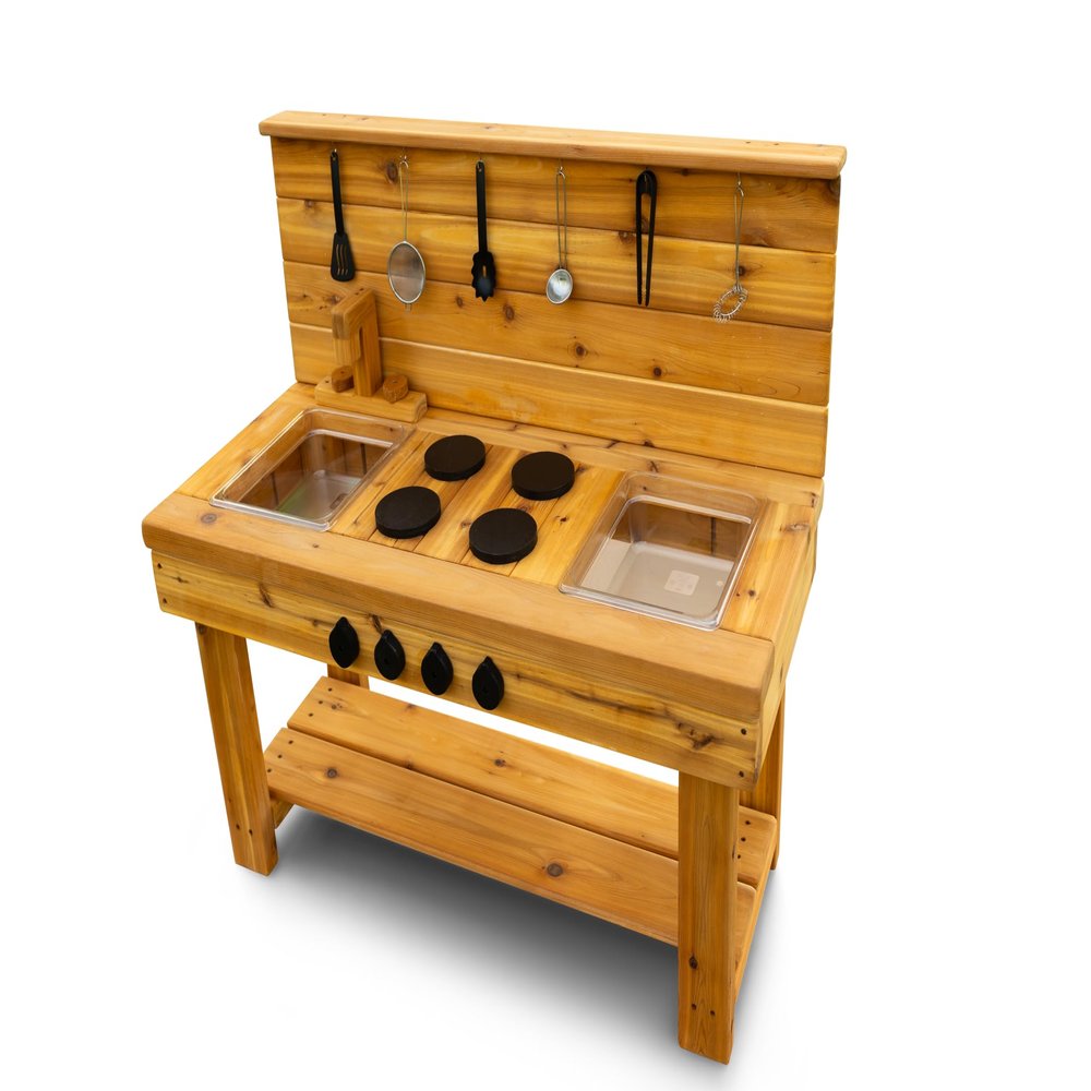 Noble Toys XL Cedar Outdoor Mud Kitchen Centered with Backsplash and Stovetop for Toddlers Kids | Pretend Play Table | Sensory Table | Outside Playset | Real Wooden Kitchens | Preschool Equipment