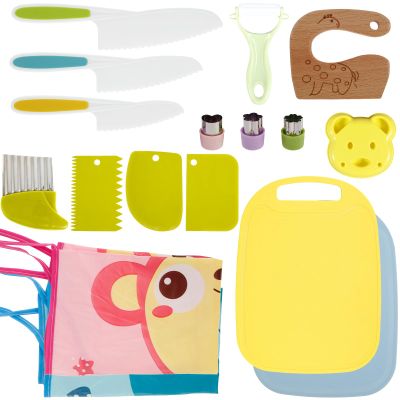 Abizarch 17Pcs Kids Cooking Set Safe Toddler Kitchen Tools Educational Montessori Kitchen Set Portable Kids Cutter Set Include Apron Cutting Board Peeler and More for Kids Cooking